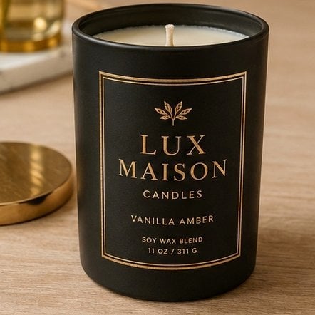 Gold foil-stamped label printed with an invented brand crest on a premium gift-set box