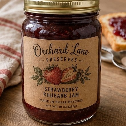 Natural kraft paper label printed with an invented brand on a small-batch jar