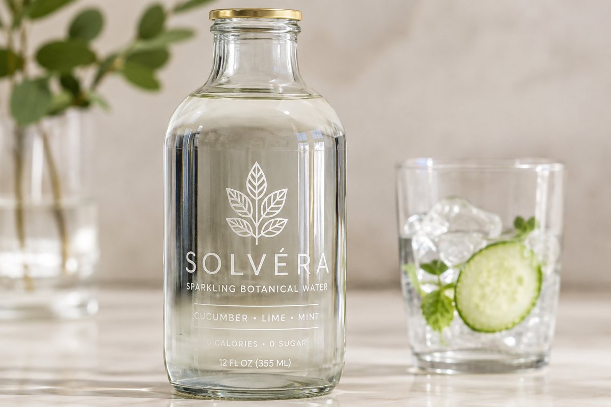 Transparent clear BOPP label printed with an invented brand on a glass bottle for a no-label look