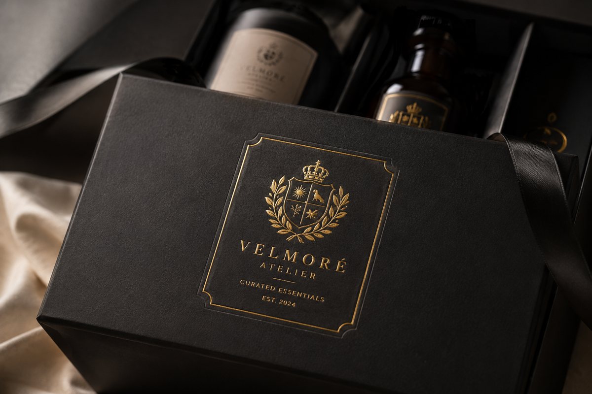 Gold foil-stamped label printed with an invented brand crest on a premium gift-set box