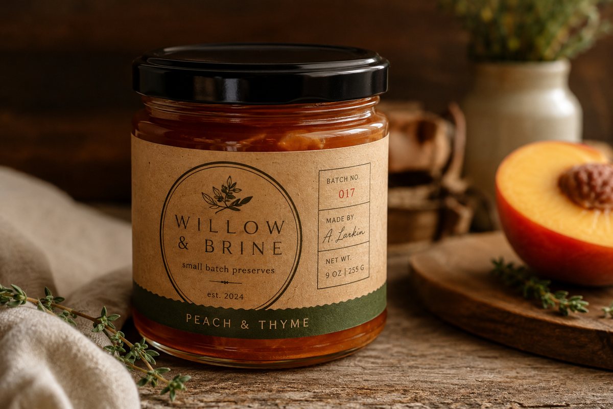 Natural kraft paper label printed with an invented brand on a small-batch jar