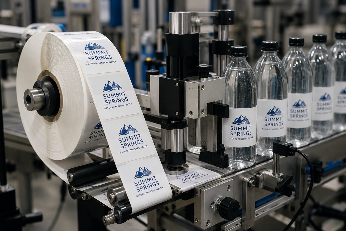 Waterproof white BOPP roll labels printed with an invented brand logo feeding into a bottle applicator