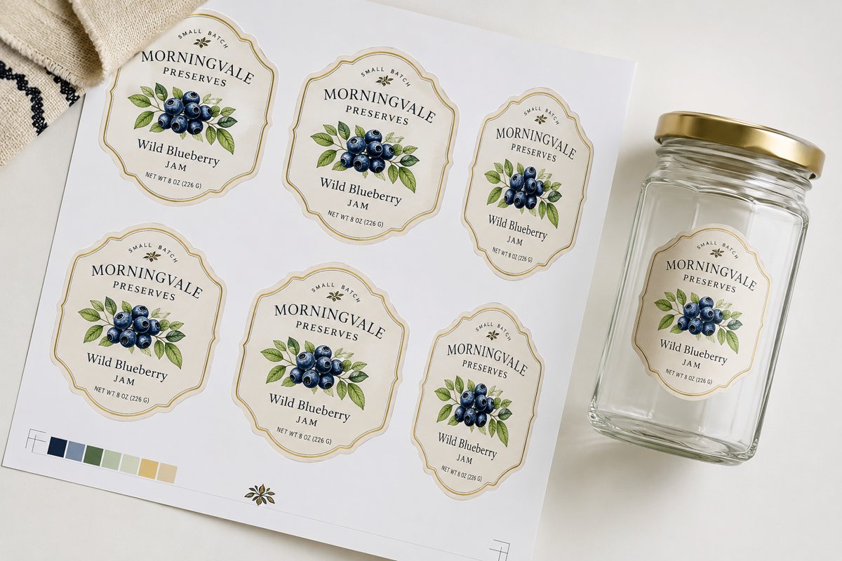 Sheet of die-cut product labels printed with an invented brand for hand application