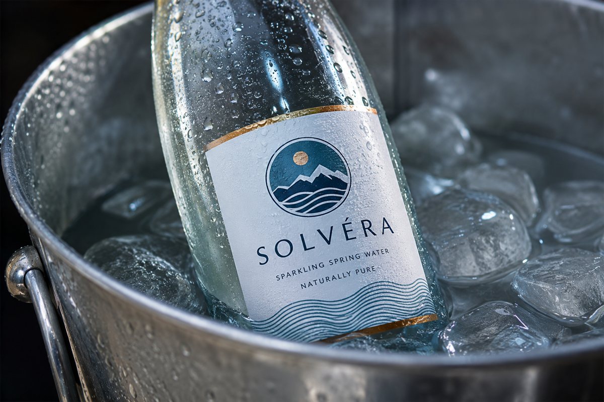 Waterproof label printed with an invented brand submerged on a beverage bottle in an ice bucket