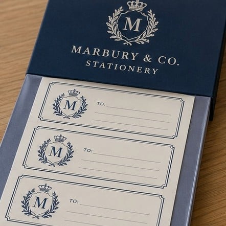 Sheet of die-cut product labels printed with an invented brand for hand application
