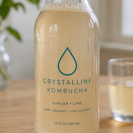 Transparent clear BOPP label printed with an invented brand on a glass bottle for a no-label look
