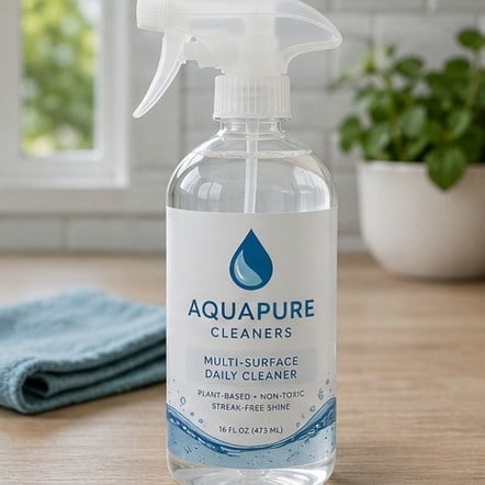 Waterproof label printed with an invented brand submerged on a beverage bottle in an ice bucket