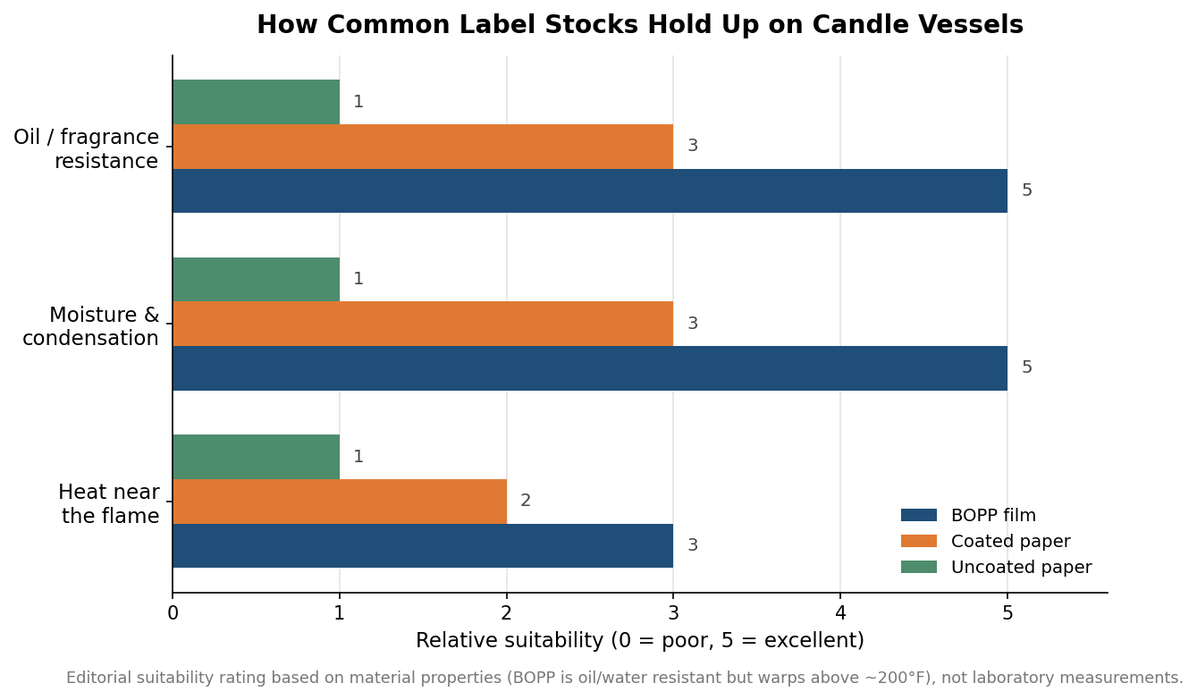 Grouped bar chart rating BOPP film, coated paper, and uncoated paper for oil, moisture, and heat resistance on candle vessels